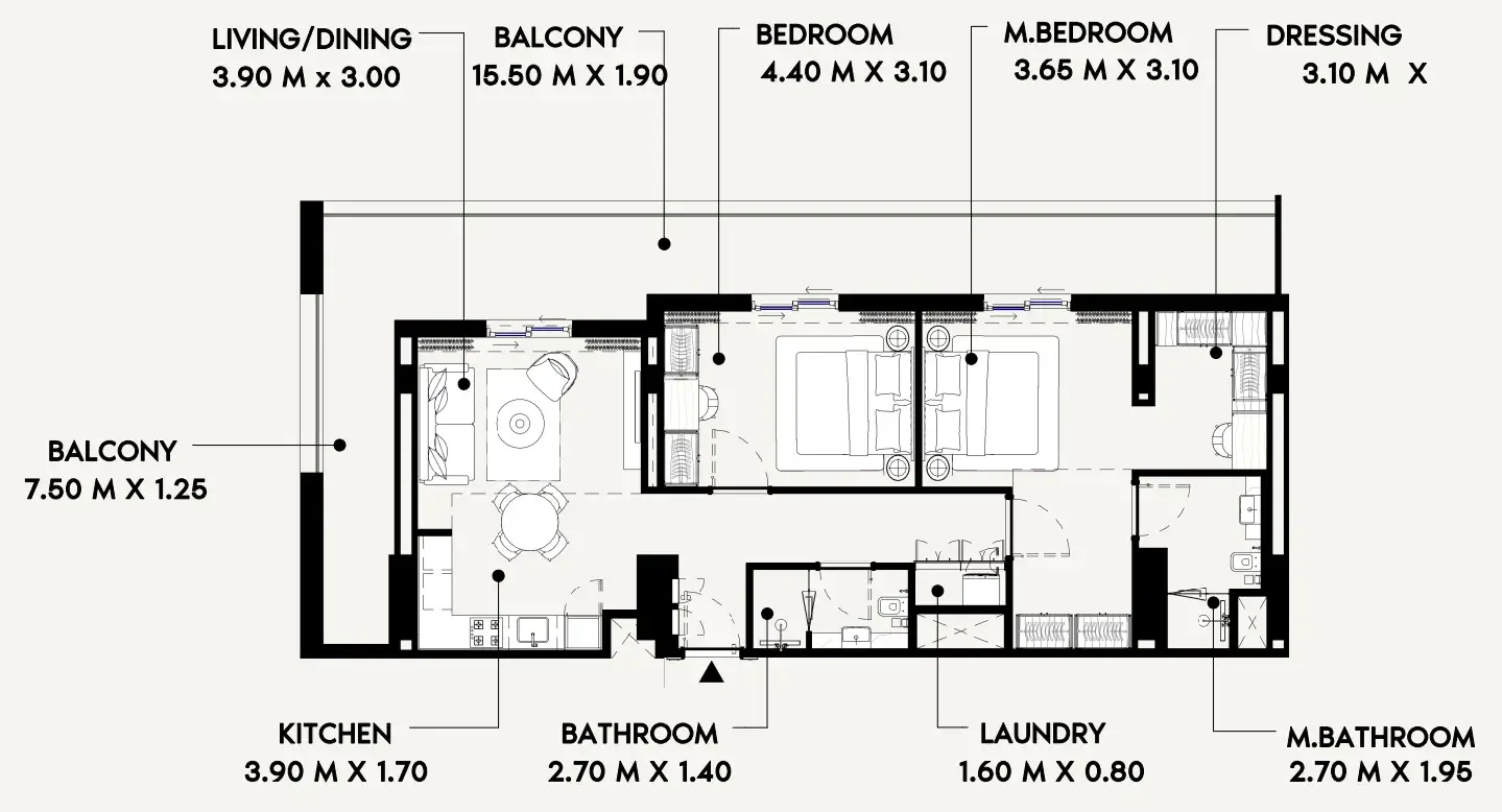 Azizi Lina 2 bed floor plan, 1,360 sqft