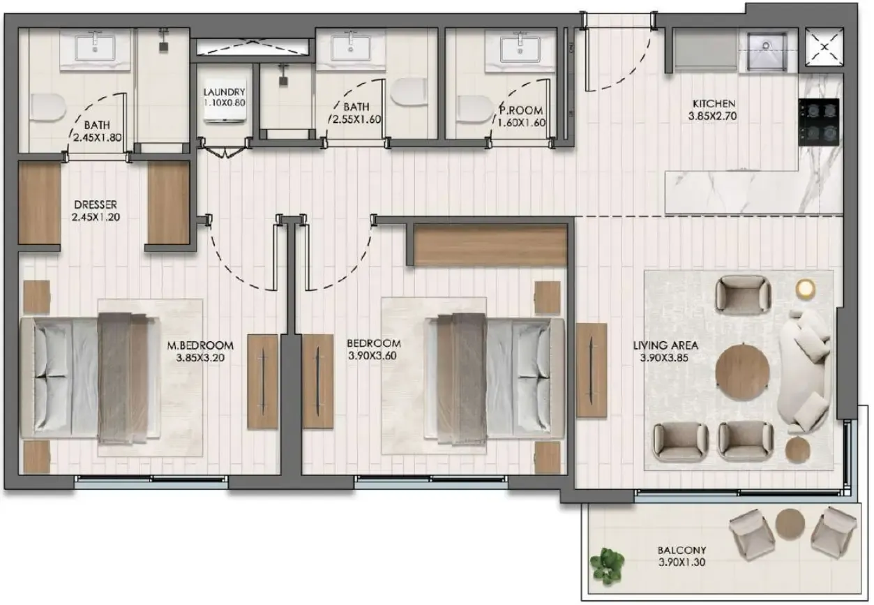 Evelyn on the Park 2 bed floor plan, 915 sqft