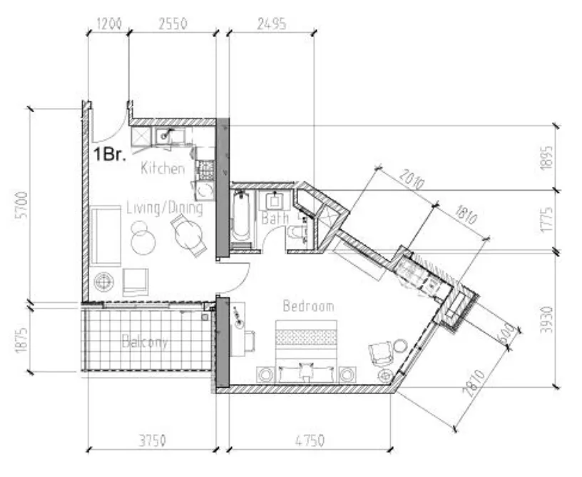 Aykon City Tower 1 bed floor plan, 646 sqft