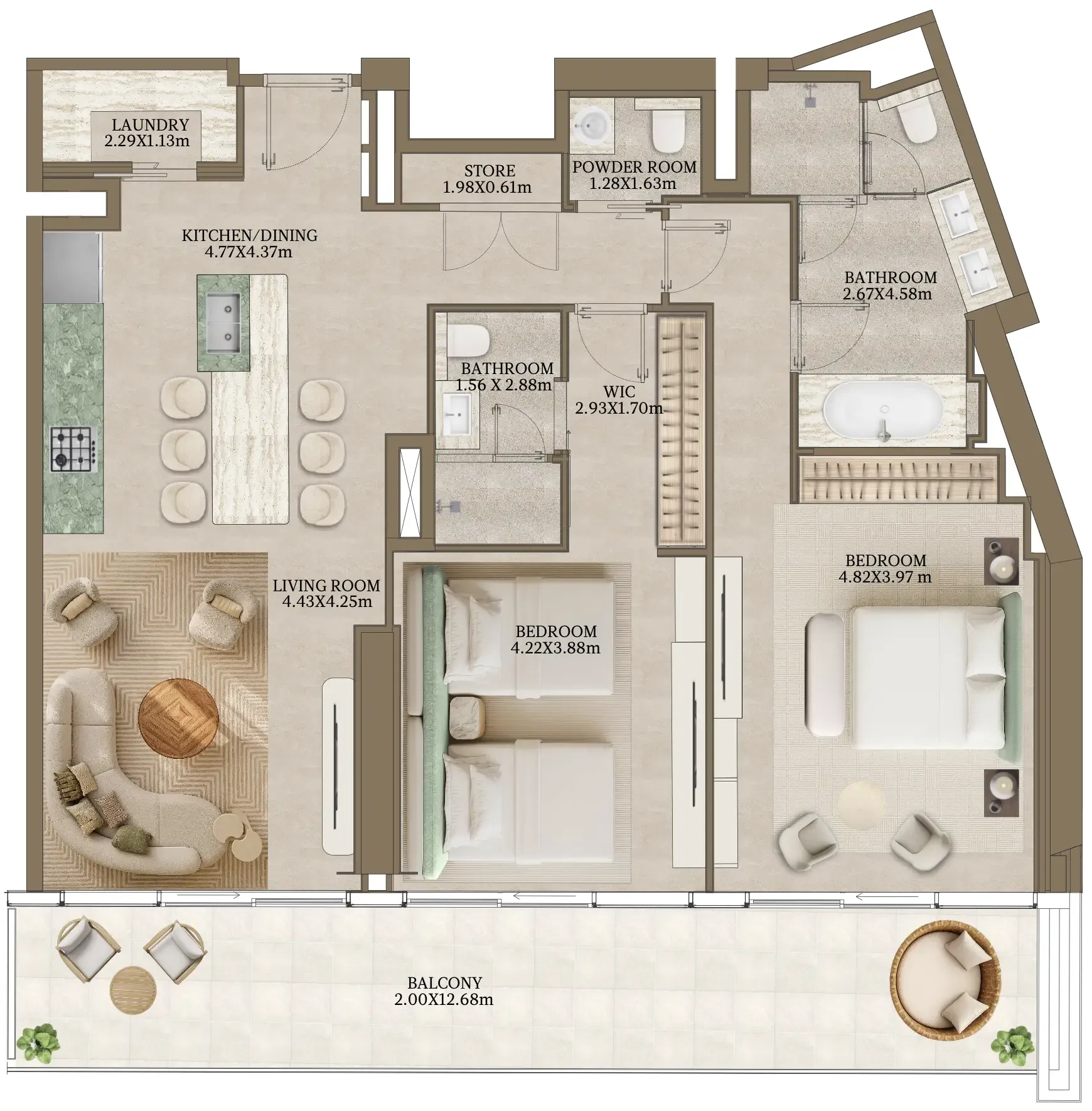 Nasim Al Bahr Residences 2 bed floor plan, 1,602 sqft