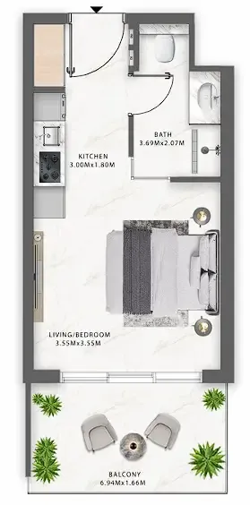 One Central Studio floor plan, 345 sqft