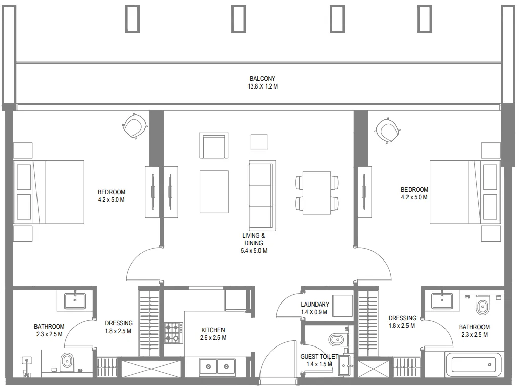 Safa 1 2 bed floor plan, 1,378 – 1,499 sqft