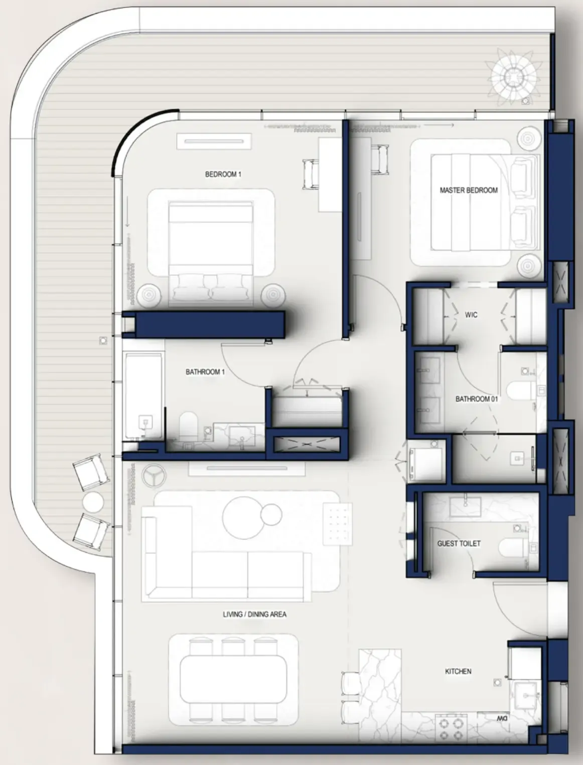 Hilton Residences 2 bed floor plan, 1,345 sqft
