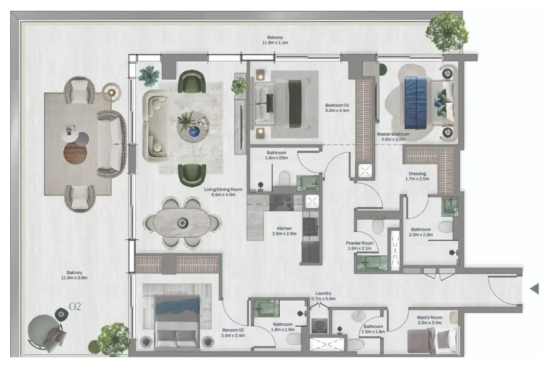 Oceara Park View Residences Phase 1 3 bed floor plan, 2,051 sqft