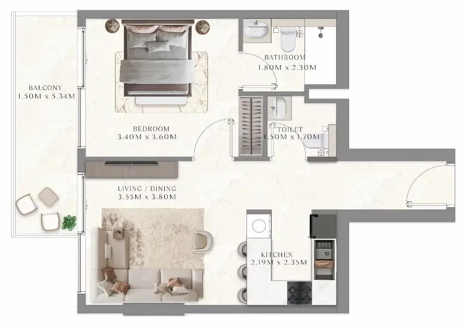 Aum 99 Residences 1 bed floor plan, 632 sqft