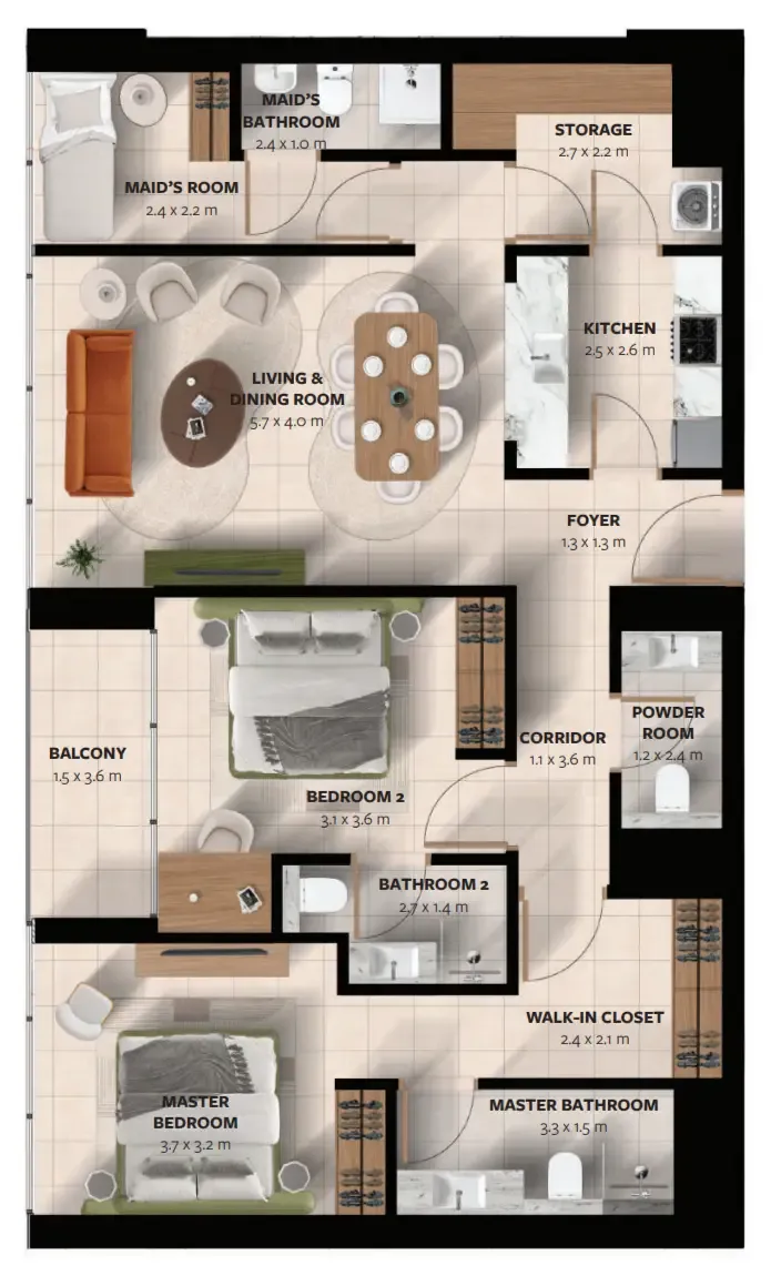 Waada Dubai South 2 bed floor plan, 1,273 sqft