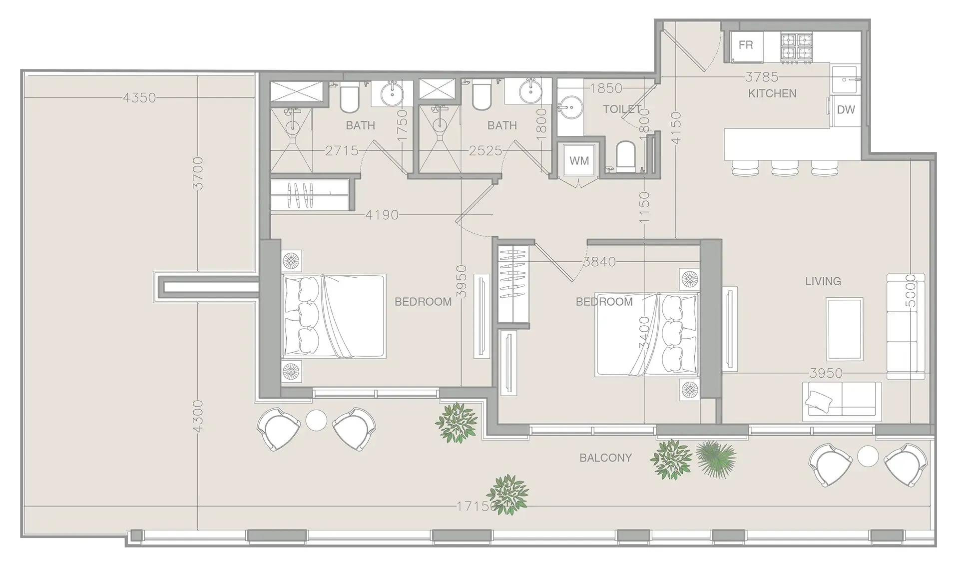 ELAR1S Rise 2 bed floor plan, 1,642 sqft