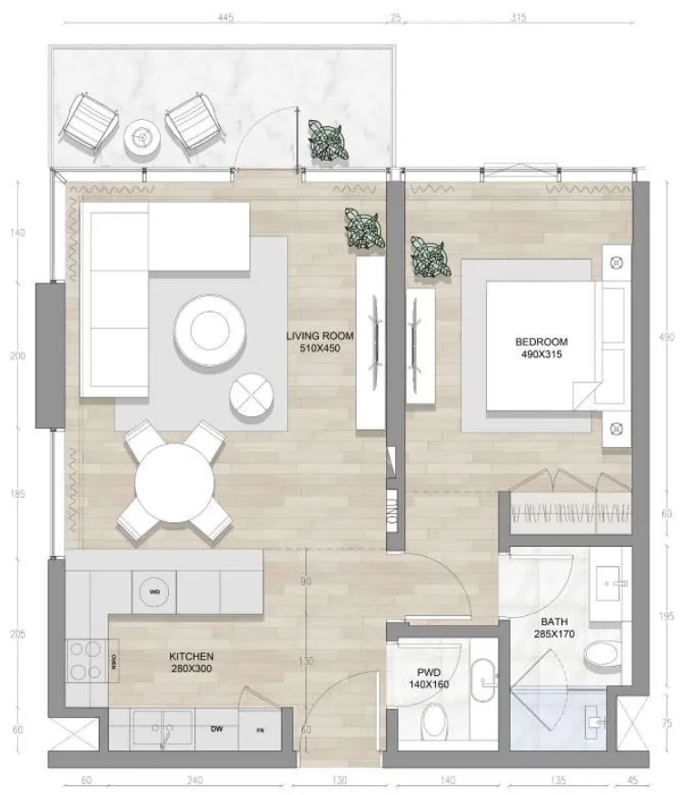 Skai Mina 1 bed floor plan, 822 sqft