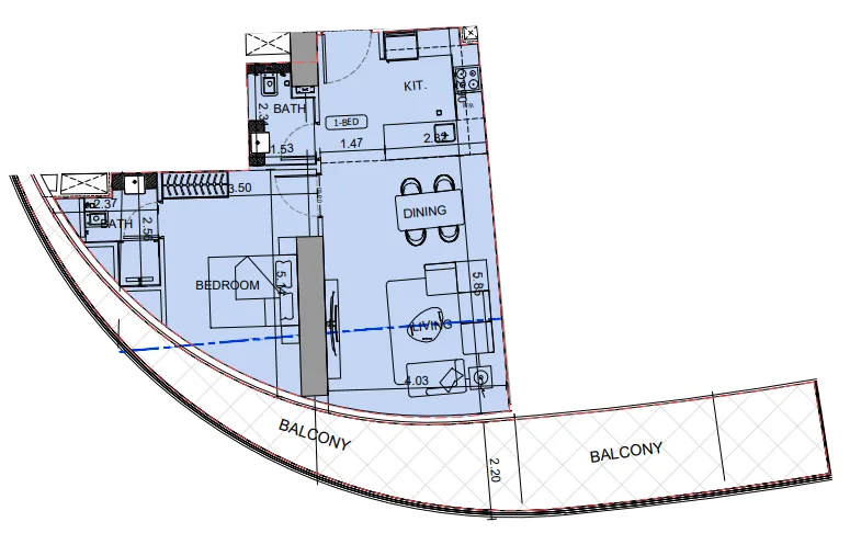 Binghatti Aquarise 1 bed floor plan, 1,022 sqft