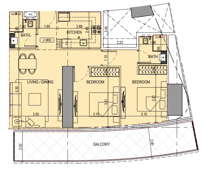 Binghatti Sky Terraces 2 bed floor plan, 1,090 sqft