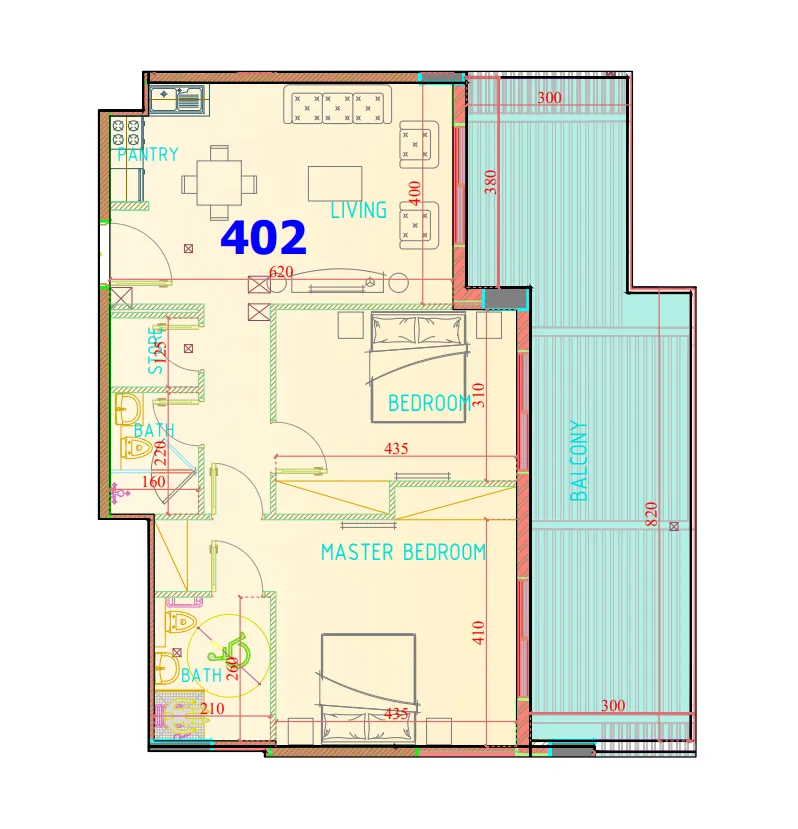 Carmel Residence 2 bed floor plan, 1,307 sqft