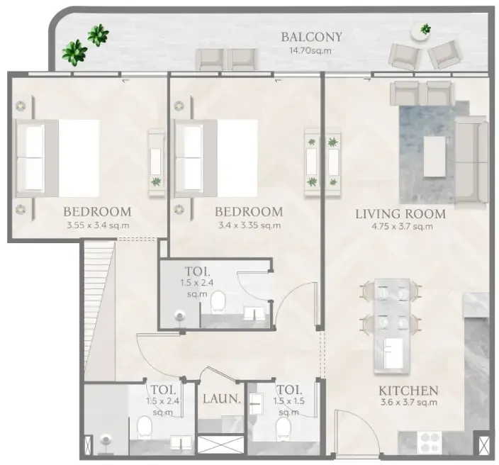 Casa Aura Residence 2 bed floor plan, 1,071 sqft