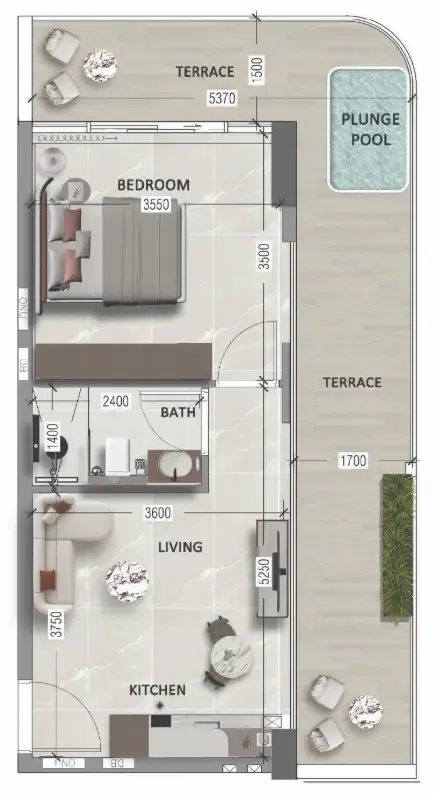 South Lofts 1 bed floor plan, 636 sqft