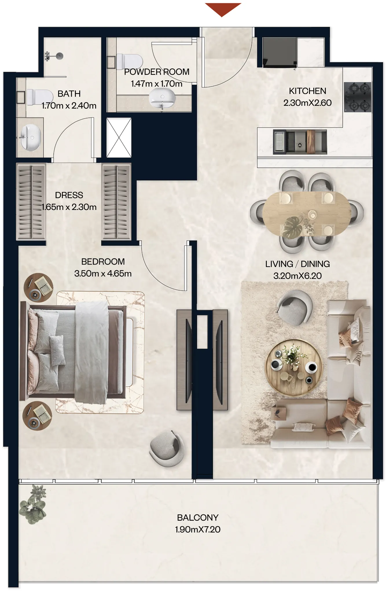 Norah Residence 1 bed floor plan, 840 sqft