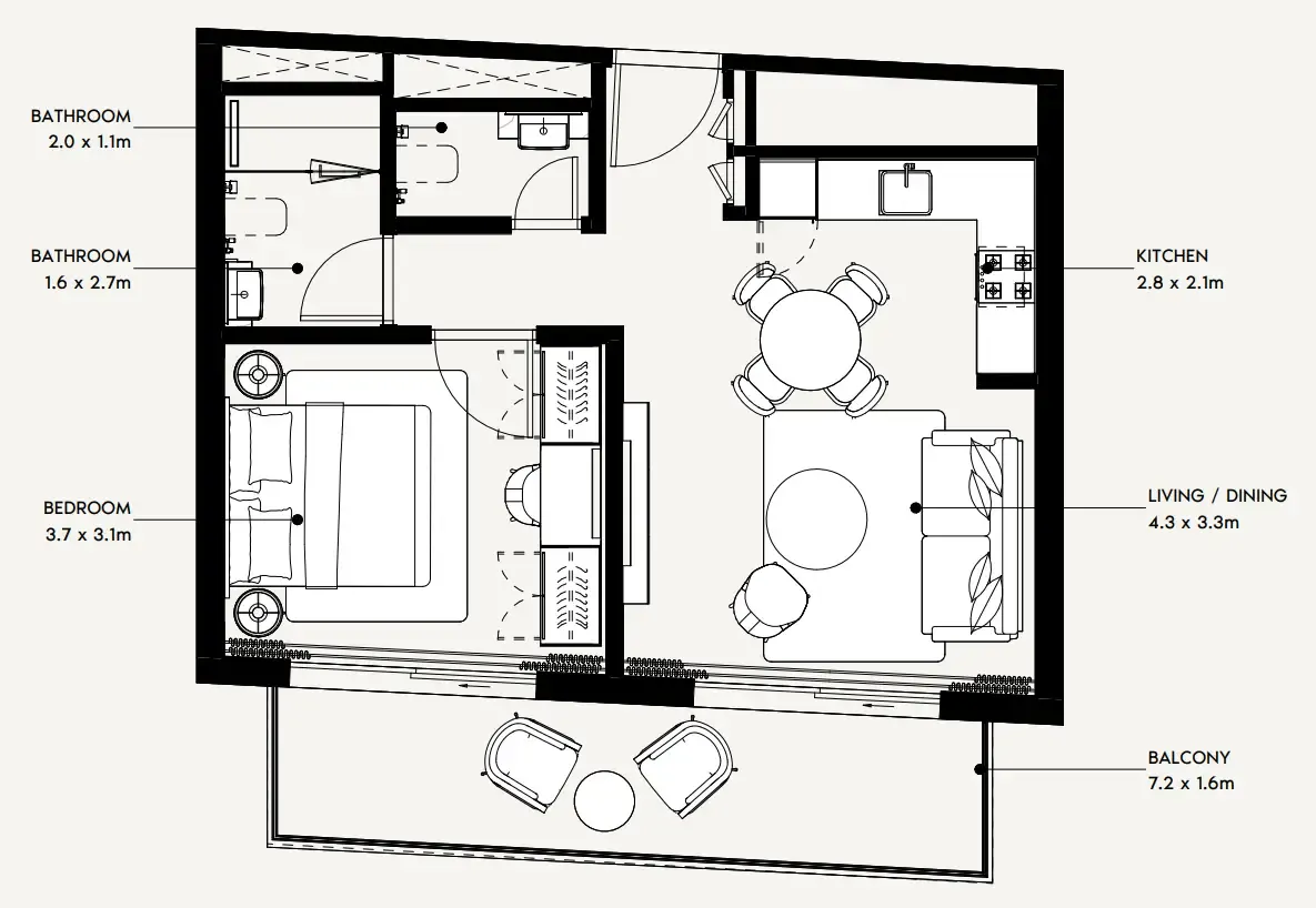 Azizi Noura 1 bed floor plan, 660 sqft