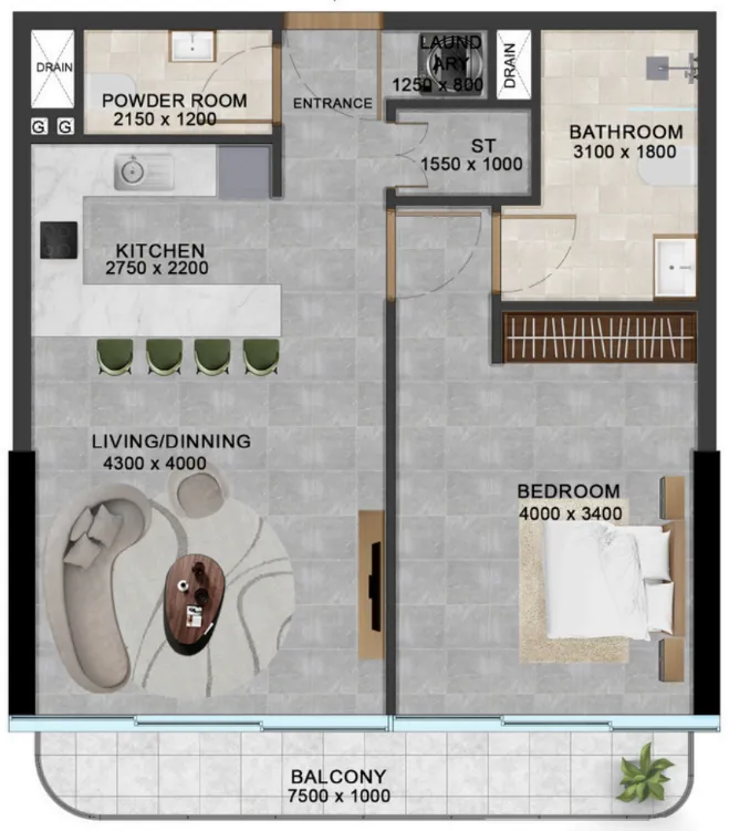 Vivanti Residences by Meteora 1 bed floor plan, 769 sqft