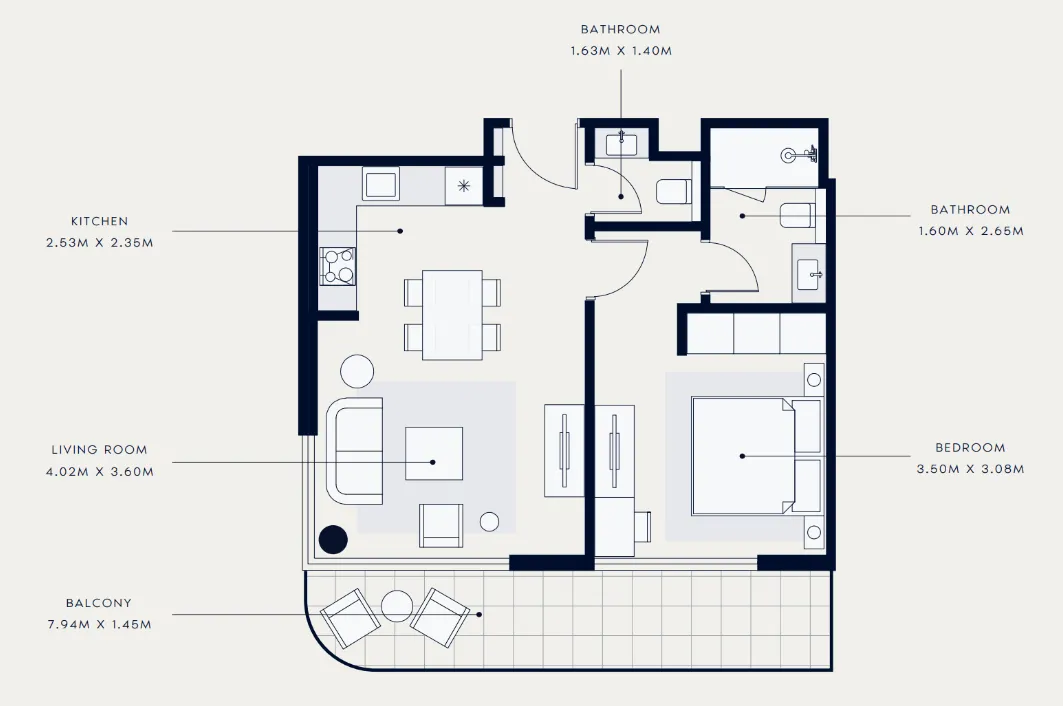 Azizi Venice 1 bed floor plan, 693 sqft