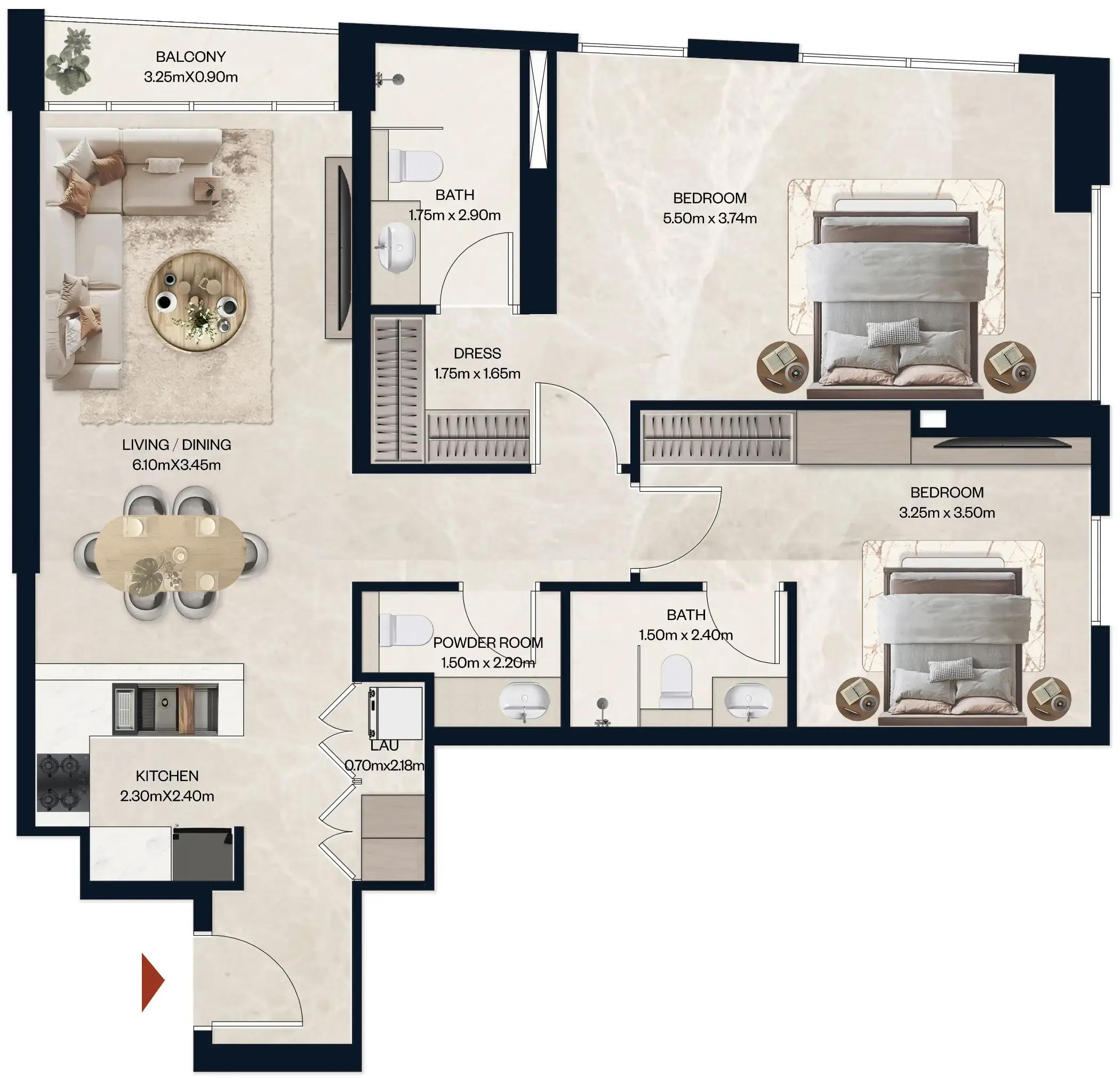 Norah Residence 2 bed floor plan, 1,076 sqft