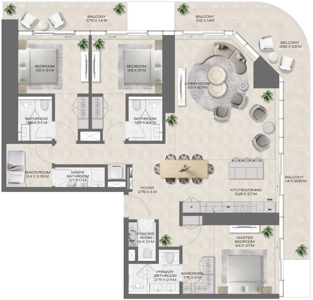 DWTN Residences 3 bed floor plan, 2,197 sqft