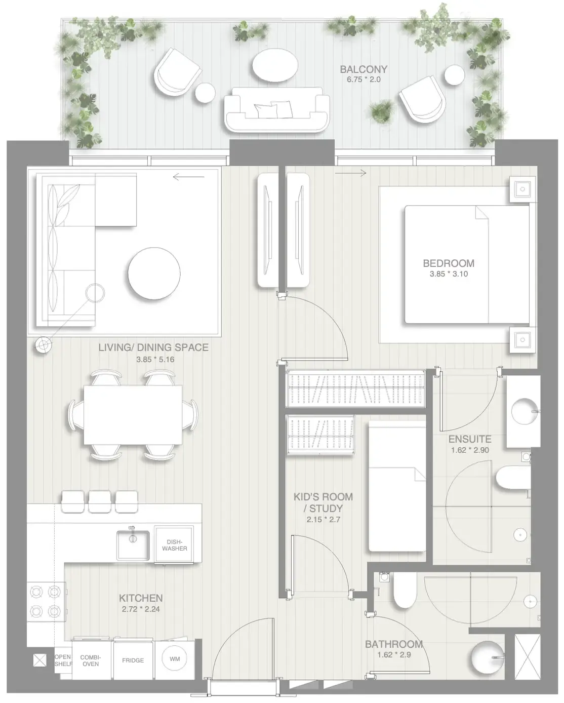 Sol Levante 1 bed floor plan, 860 sqft