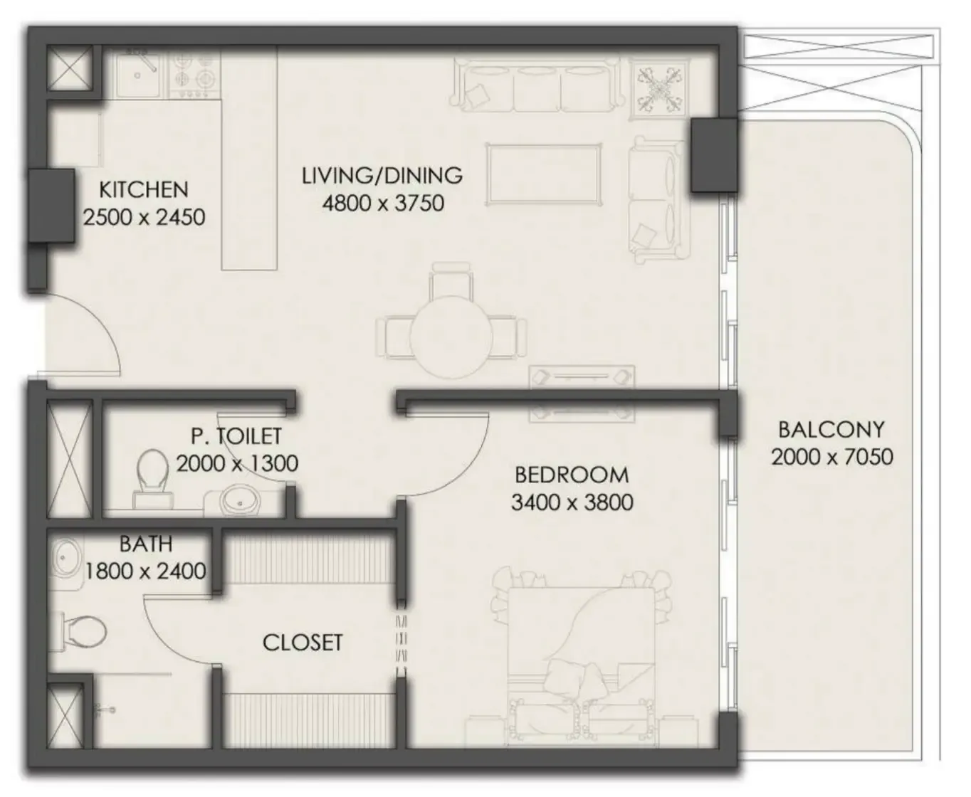 Park Residency 1 bed floor plan, 766 sqft