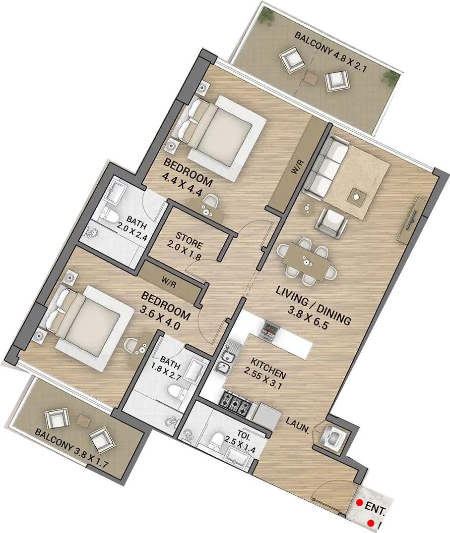 Ocean Tower 2 bed floor plan, 1,324 sqft