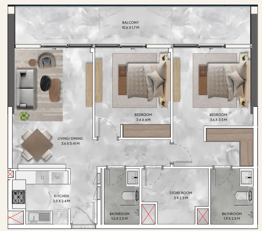 California Residences 2 bed floor plan, 1,155 sqft