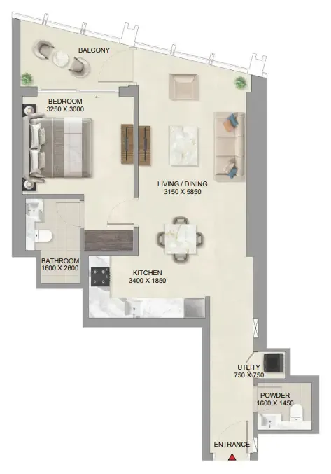 The Mirage at Sobha Central 1 bed floor plan, 784 – 787 sqft