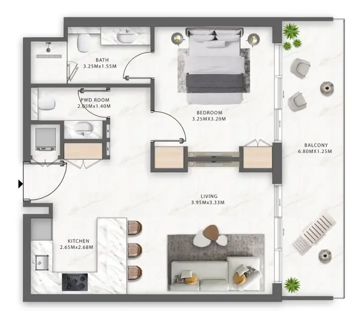 One Central 1 bed floor plan, 680 sqft