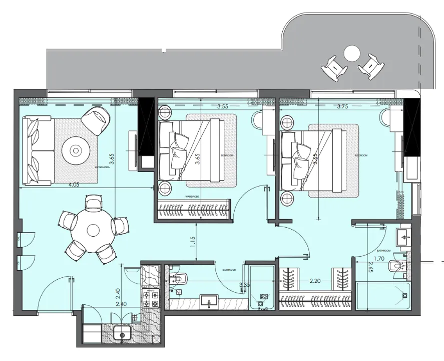 Azizi Wasel 2 bed floor plan, 1,076 sqft