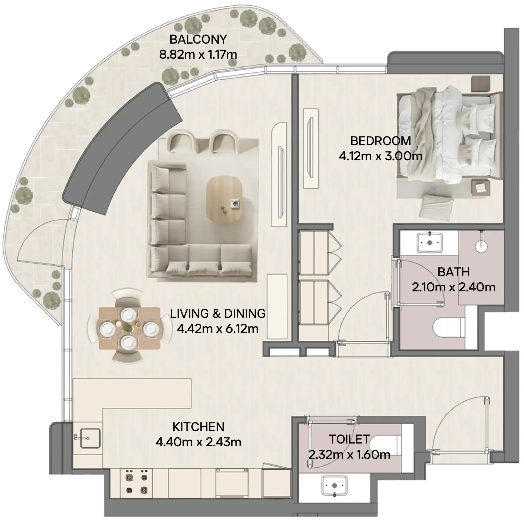 Mirasol II 1 bed floor plan, 890 sqft