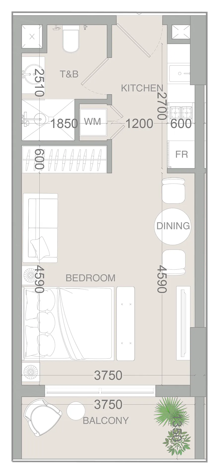 VERDAN1A 3 Studio floor plan, 398 sqft