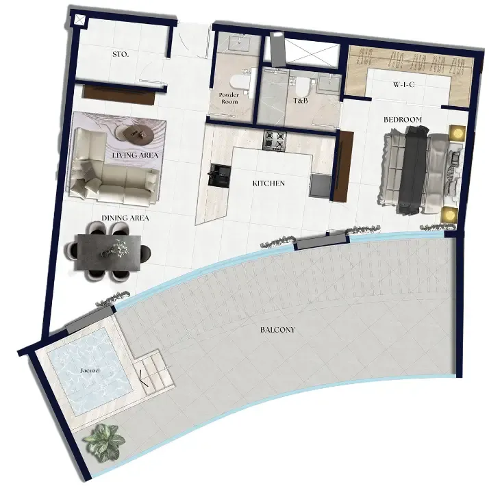 Xenia Residence 1 bed floor plan, 1,329 sqft
