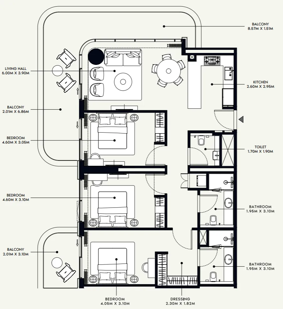 Azizi Venice 3 bed floor plan, 1,644 sqft