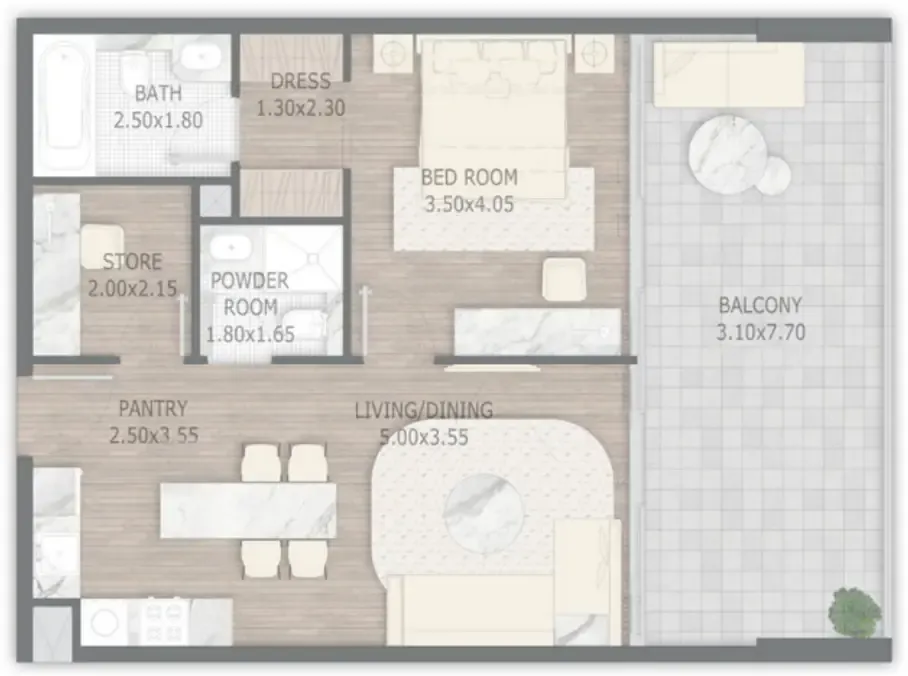 Stamn One 1 bed floor plan, 913 – 984 sqft