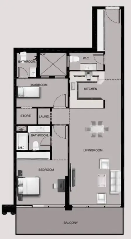 Sea View Residence 1 bed floor plan, 1,169 sqft