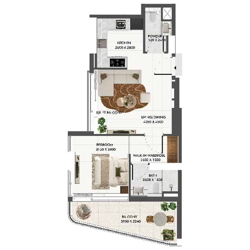 Eira Residence 1 bed floor plan, 695 sqft