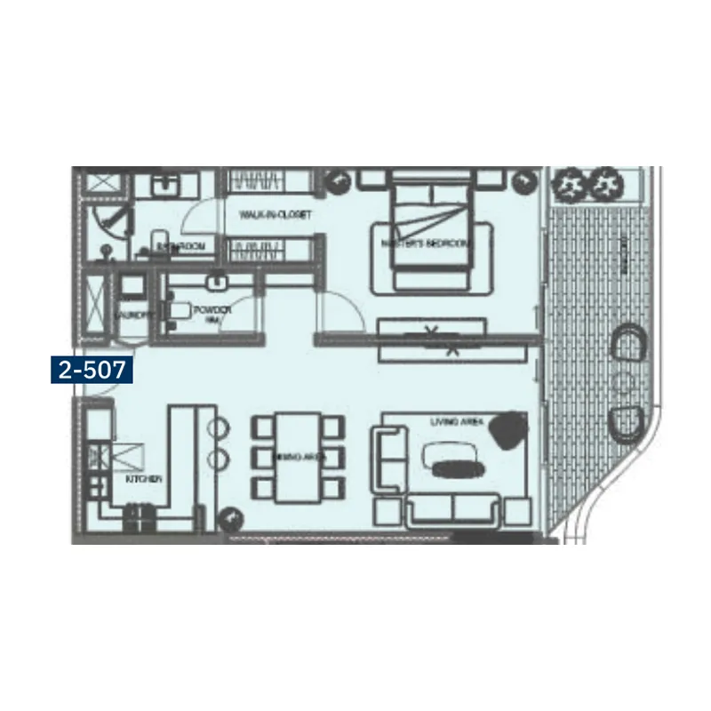 The Blue Beach Residence 1 bed floor plan, 940 sqft