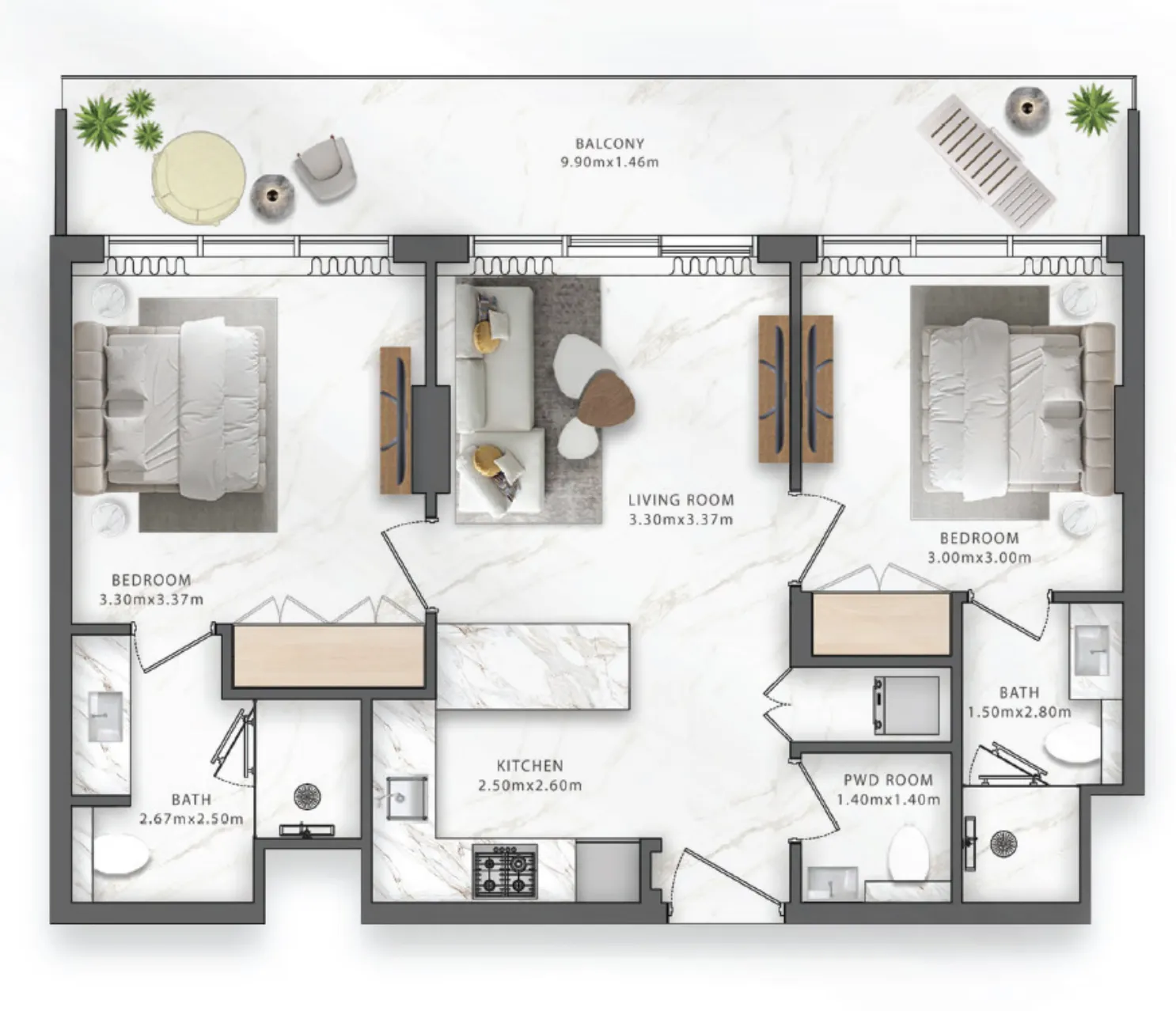 One Central 2 bed floor plan, 810 – 900 sqft
