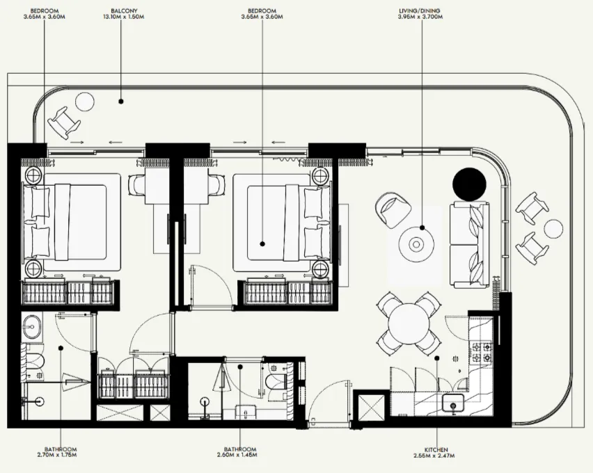 Azizi Venice 2 bed floor plan, 1,167 sqft