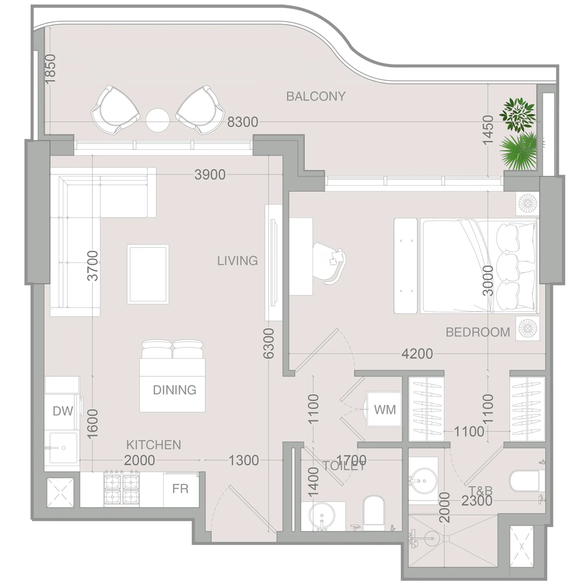 ALTA V1EW 1 bed floor plan, 743 sqft
