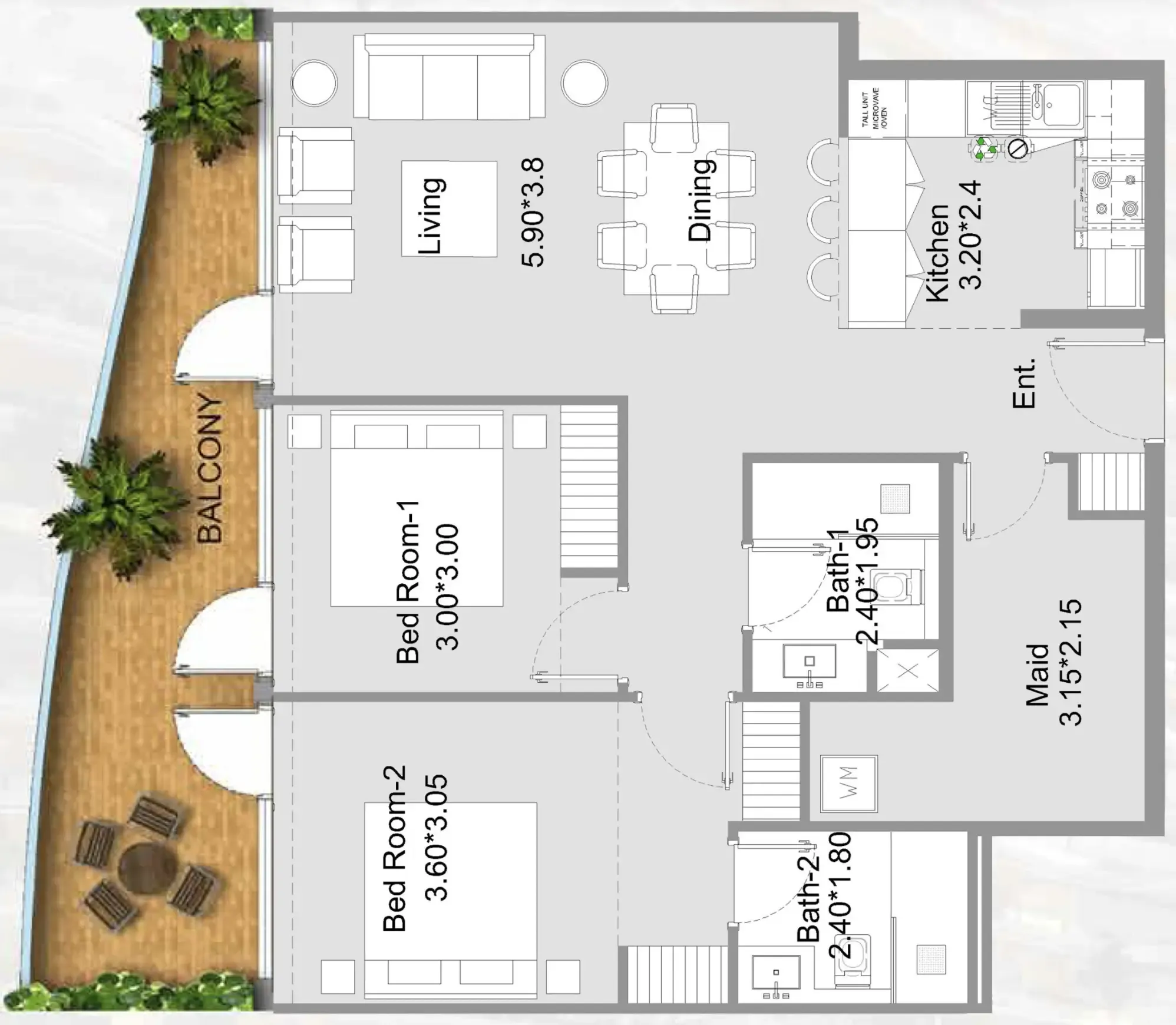 311 Boulevard 2 bed floor plan, 1,005 – 1,105 sqft
