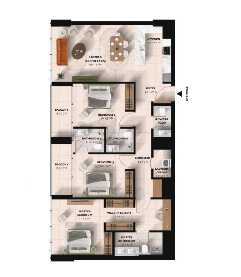 Waada Dubai South 3 bed floor plan, 1,521 – 1,531 sqft