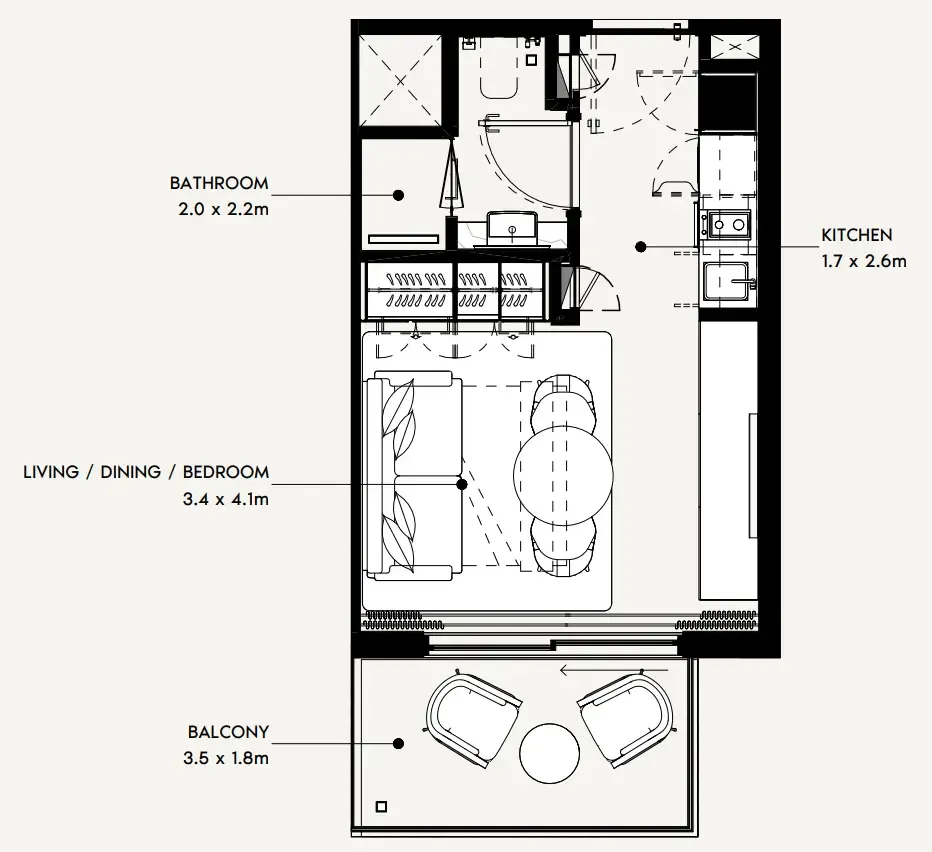 Azizi Noura Studio floor plan, 340 sqft
