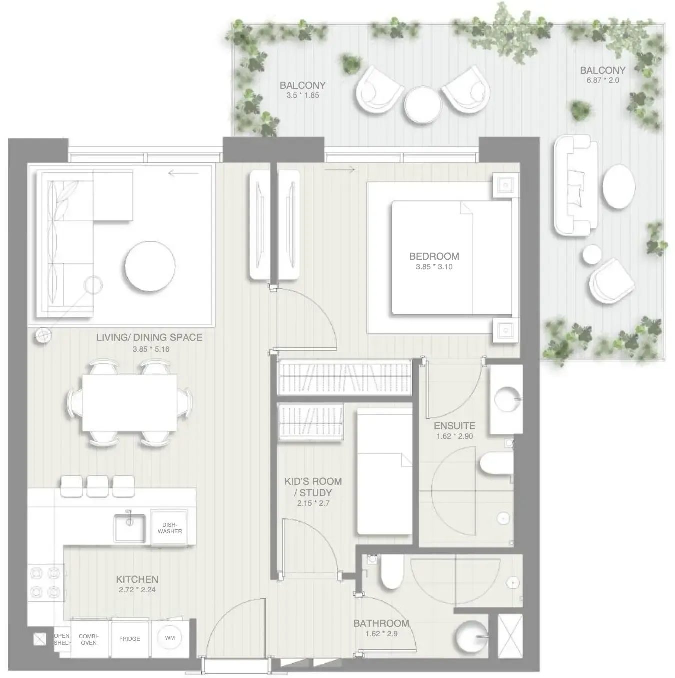 Sol Levante 1 bed floor plan, 925 sqft