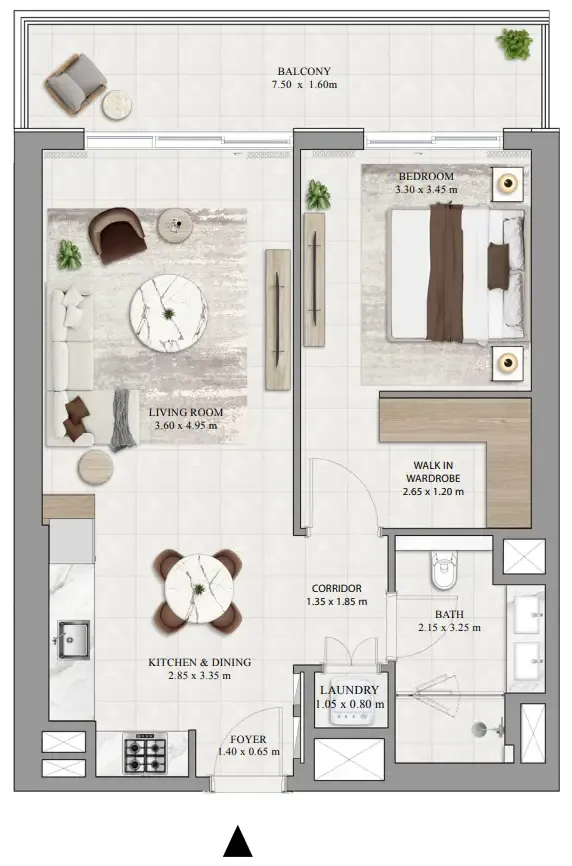 Greencrest 1 bed floor plan, 844 sqft