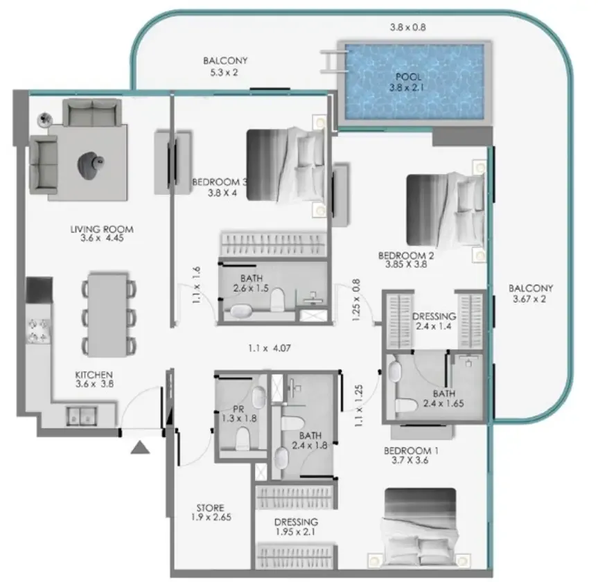 Samana Ocean Bay 3 bed floor plan, 1,737 sqft