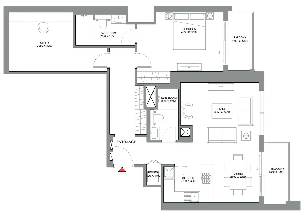 350 Riverside Crescent 1 bed floor plan, 1,193 sqft