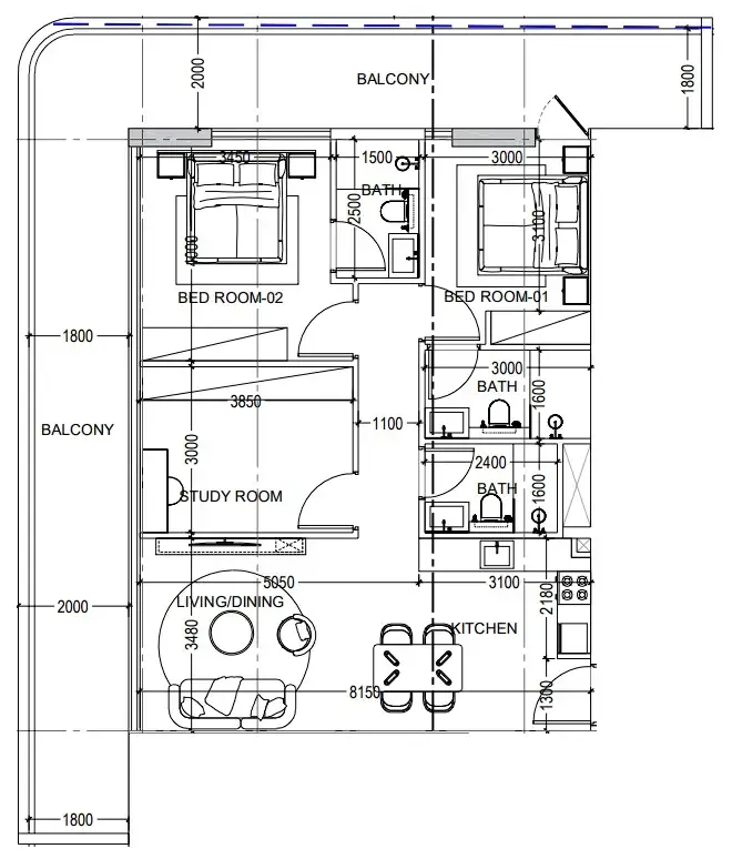 Al Haseen Residences 6 2 bed floor plan, 1,453 sqft