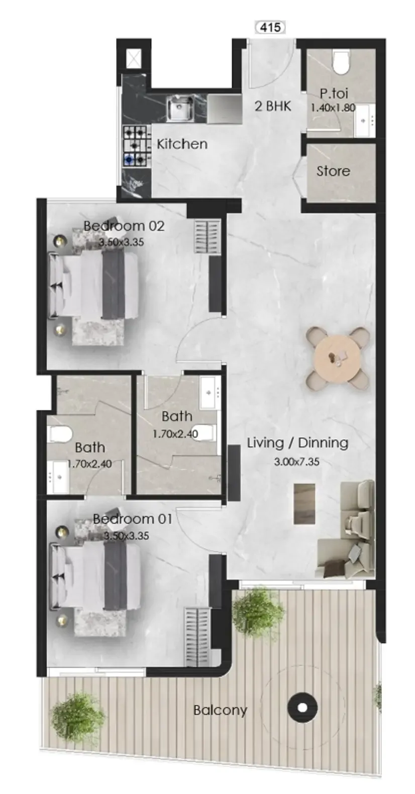 Aristo 2 bed floor plan, 978 sqft